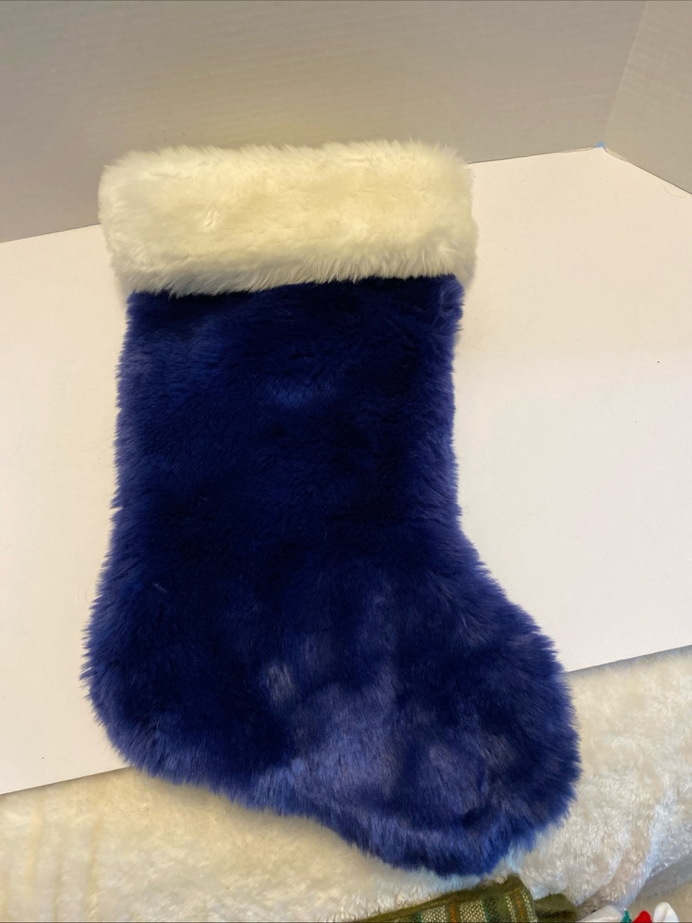 Plush Christmas Stocking Navy Blue White Cuff Faux Fur. Holiday Decor